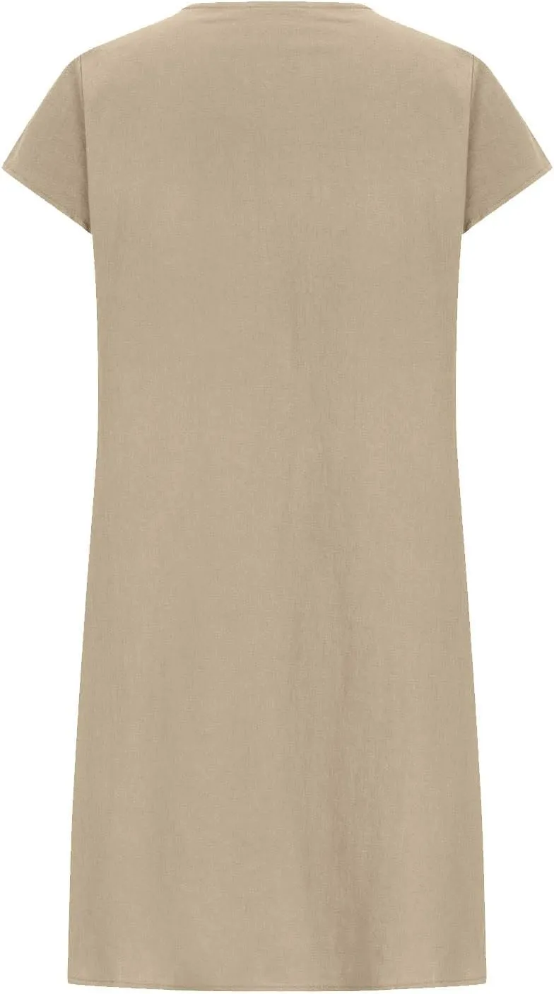 Cotton Linen Dress for Women Pleated Summer Dresses Crewneck Short Sleeve Sundress Beach Vacation Casual Mini Dress
