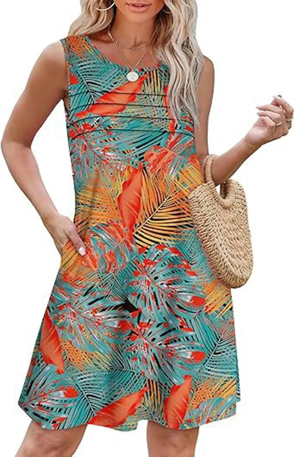 Cover Up Summer Dresses for Women 2025 Loose Beach Vacation Casual Crew Neck Sleeveless Sundresses with Pockets Tank Dress