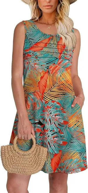 Cover Up Summer Dresses for Women 2025 Loose Beach Vacation Casual Crew Neck Sleeveless Sundresses with Pockets Tank Dress