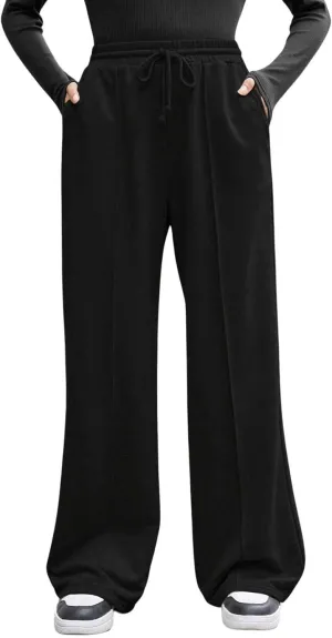 COZYEASE Girl's Wide Leg Sweatpants Elastic Waist Drawstring Straight Leg Baggy Jogger Pants with Pocket