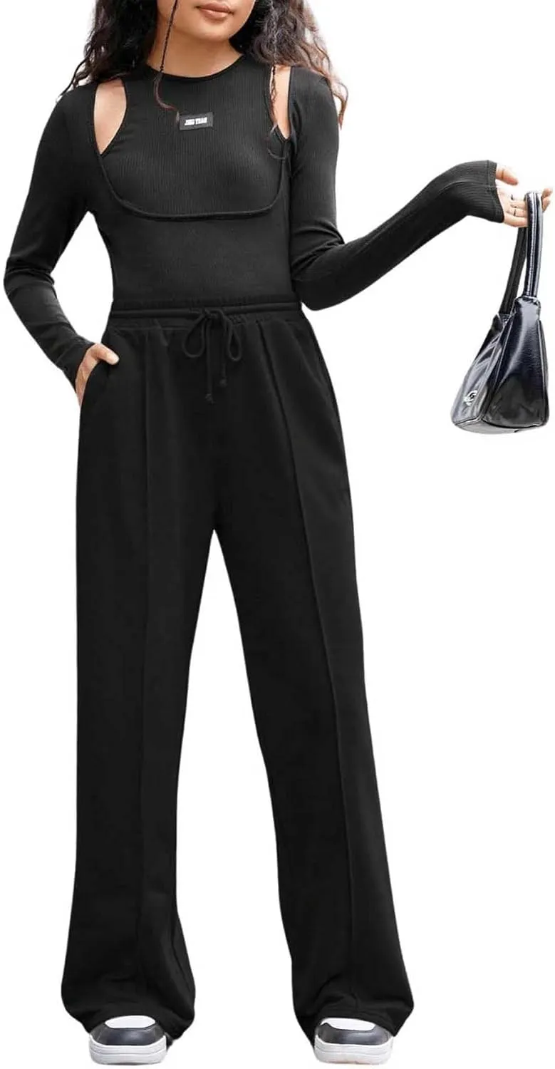 COZYEASE Girl's Wide Leg Sweatpants Elastic Waist Drawstring Straight Leg Baggy Jogger Pants with Pocket