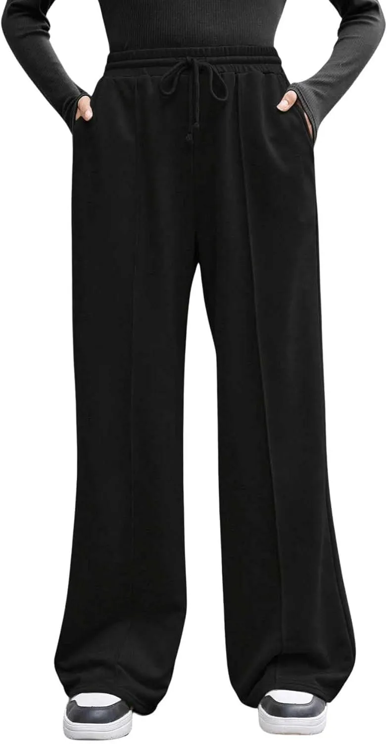COZYEASE Girl's Wide Leg Sweatpants Elastic Waist Drawstring Straight Leg Baggy Jogger Pants with Pocket