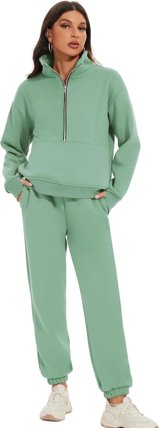 COZYPOIN Women's Sweatsuit Sets 2 Piece Fleece Outfit Half Zip Sweatshirt and Joggers Pants Tracksuit