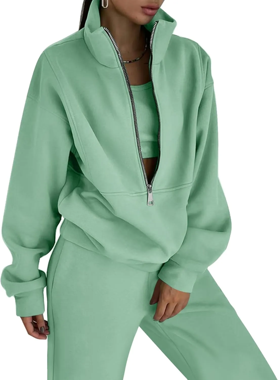 COZYPOIN Women's Sweatsuit Sets 2 Piece Fleece Outfit Half Zip Sweatshirt and Joggers Pants Tracksuit