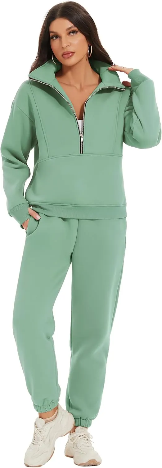 COZYPOIN Women's Sweatsuit Sets 2 Piece Fleece Outfit Half Zip Sweatshirt and Joggers Pants Tracksuit