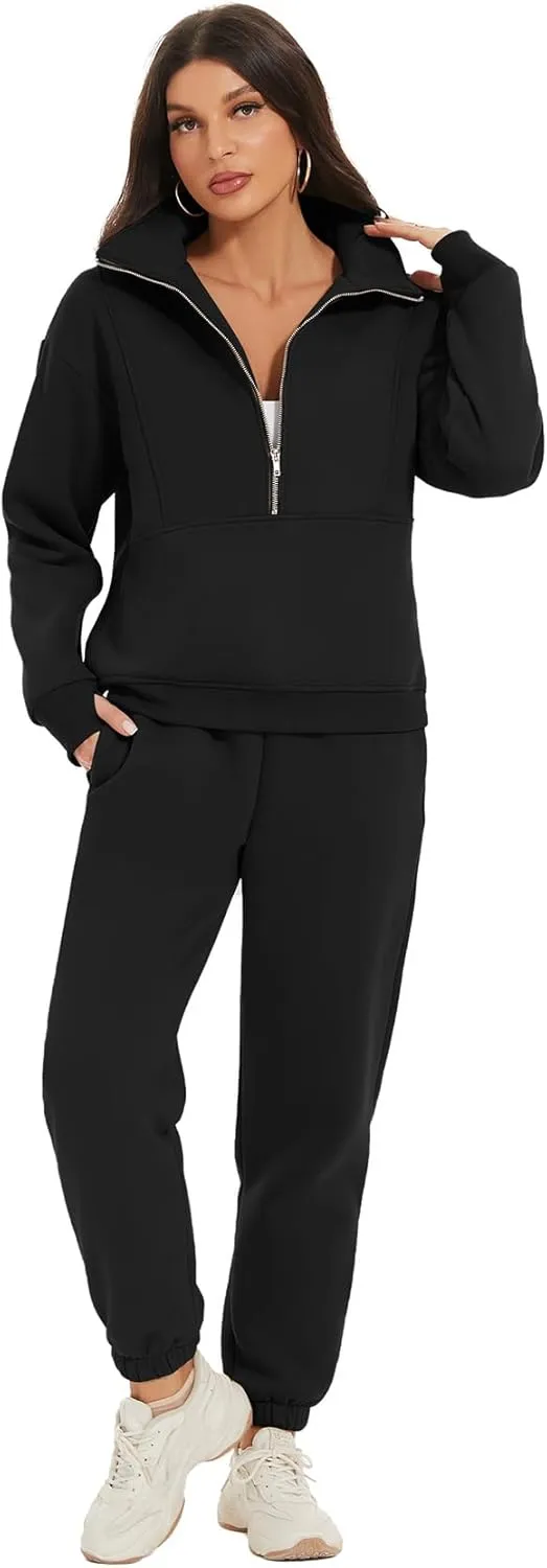 COZYPOIN Women's Sweatsuit Sets 2 Piece Fleece Outfit Half Zip Sweatshirt and Joggers Pants Tracksuit