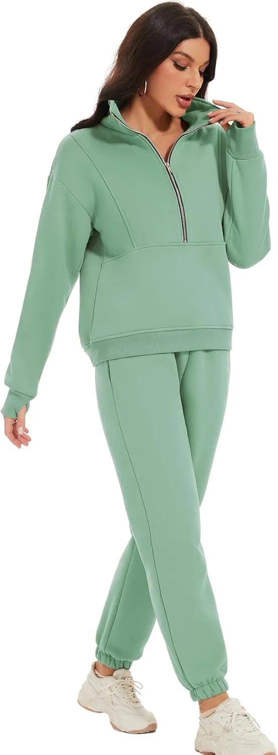 COZYPOIN Women's Sweatsuit Sets 2 Piece Fleece Outfit Half Zip Sweatshirt and Joggers Pants Tracksuit