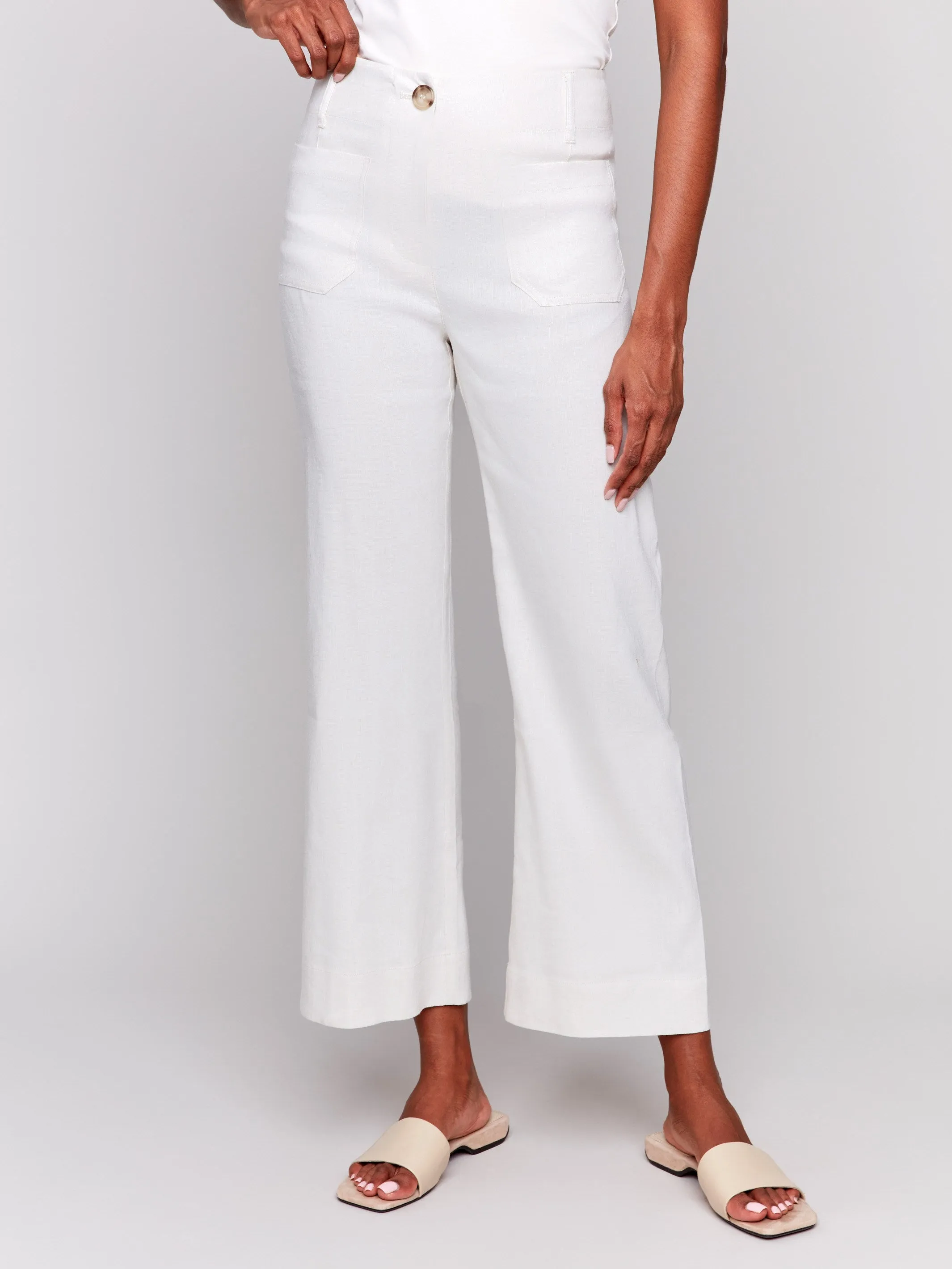 Cropped Linen Blend Pants - Natural