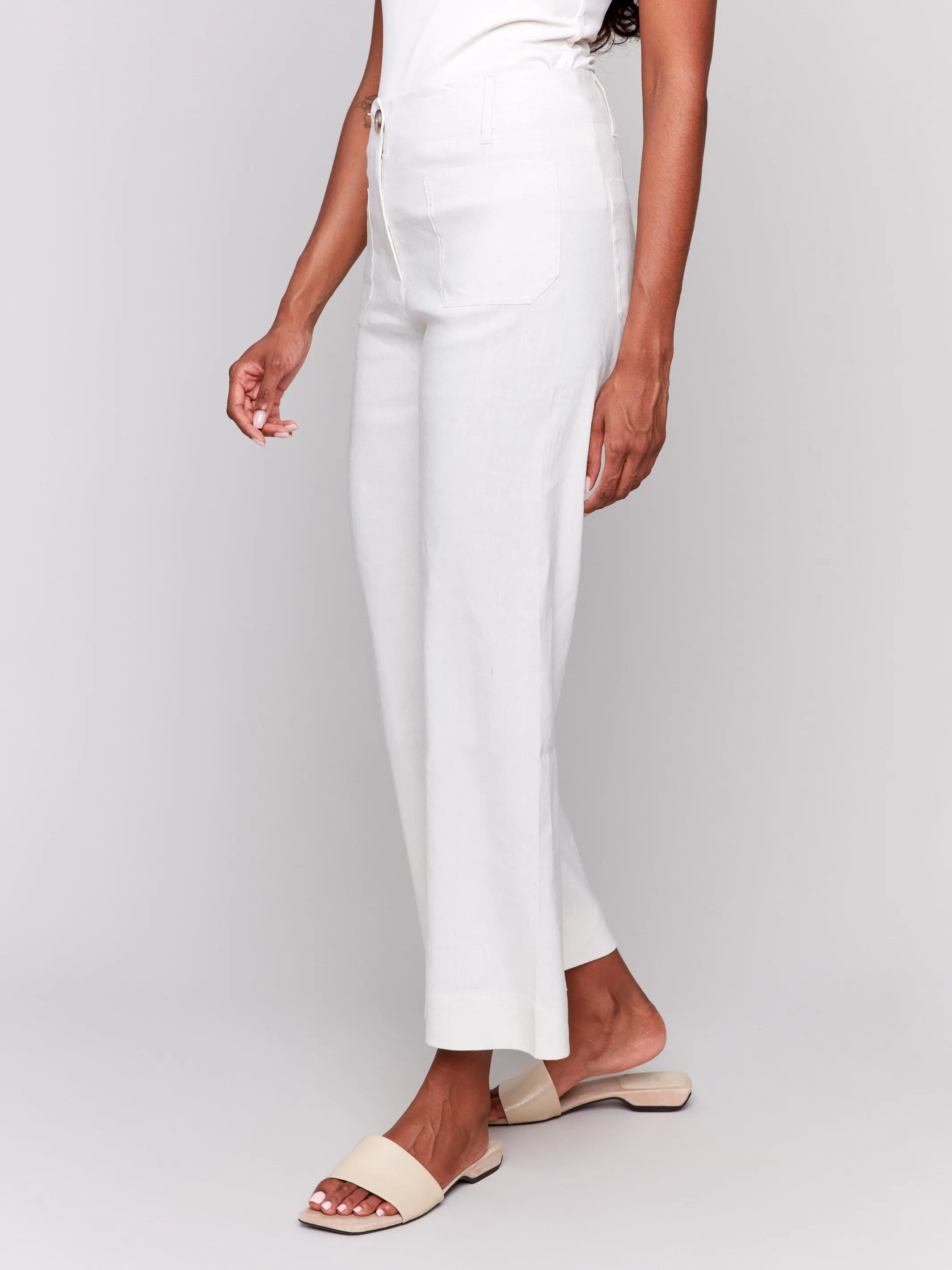 Cropped Linen Blend Pants - Natural