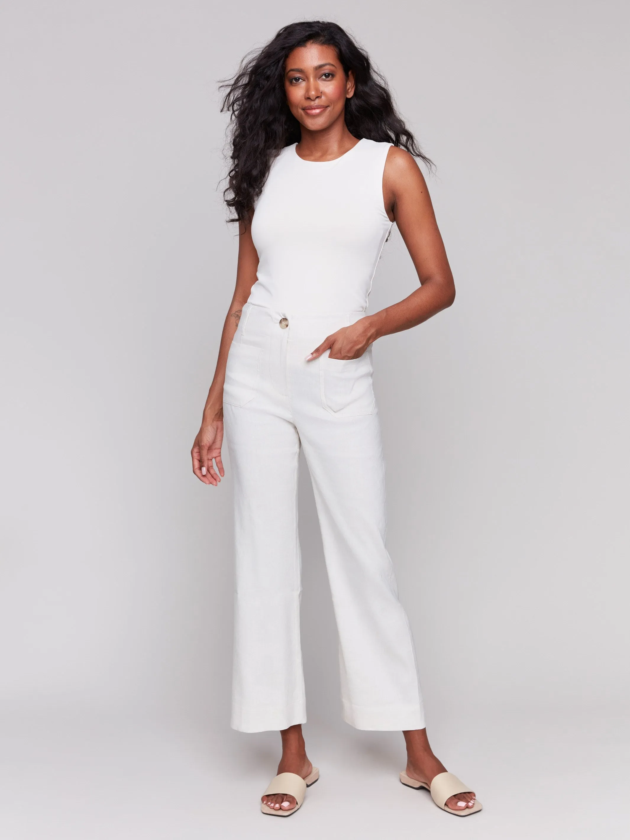 Cropped Linen Blend Pants - Natural