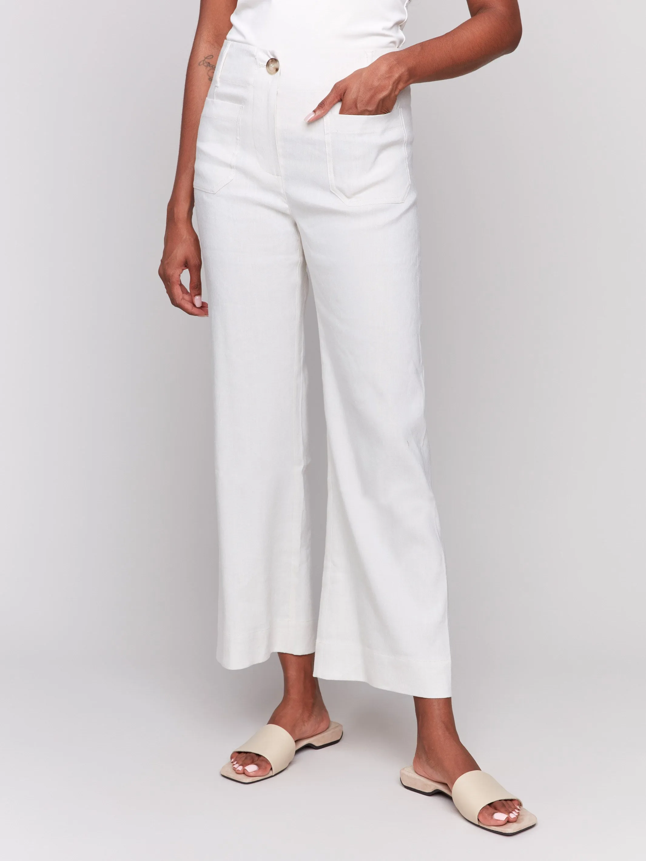 Cropped Linen Blend Pants - Natural