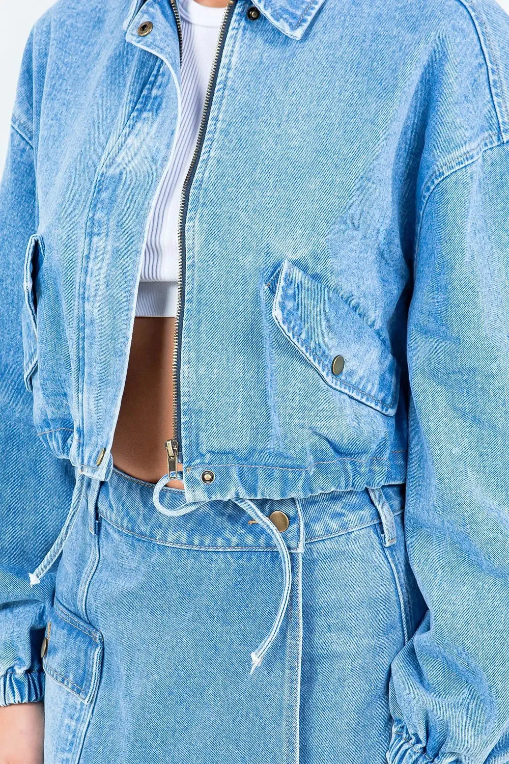 Drawstring Waist Crop Denim Jacket  Trendy & Versatile Outerwear