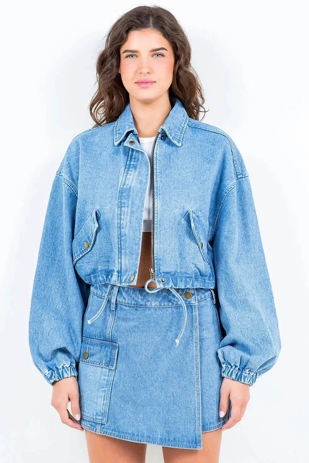 Drawstring Waist Crop Denim Jacket  Trendy & Versatile Outerwear