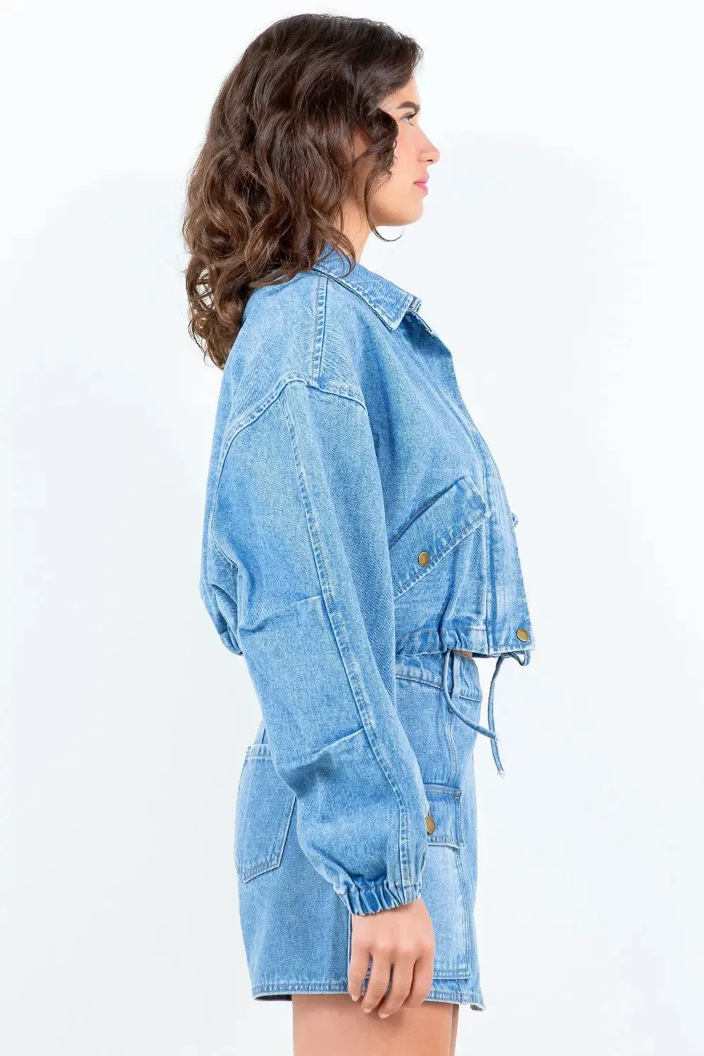Drawstring Waist Crop Denim Jacket  Trendy & Versatile Outerwear