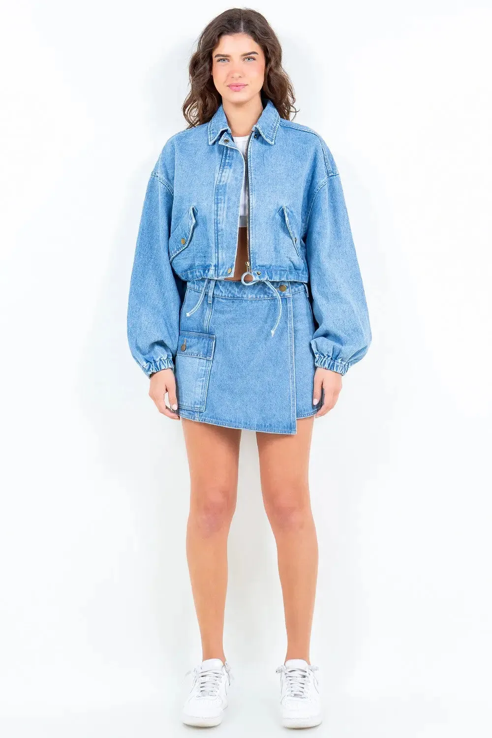 Drawstring Waist Crop Denim Jacket  Trendy & Versatile Outerwear