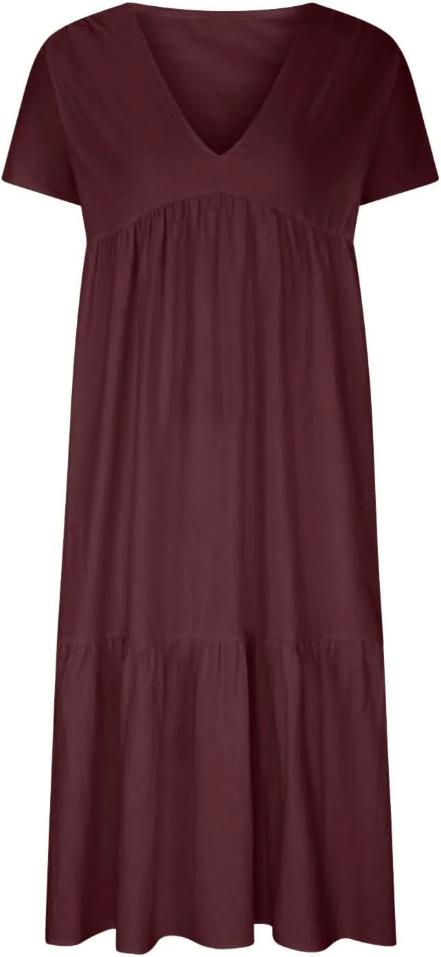 Dresses for Women 2024 Casual Tiered Gradient Summer Flowy Dresses V Neck Short Sleeve Loose Maxi Sundress Dresses