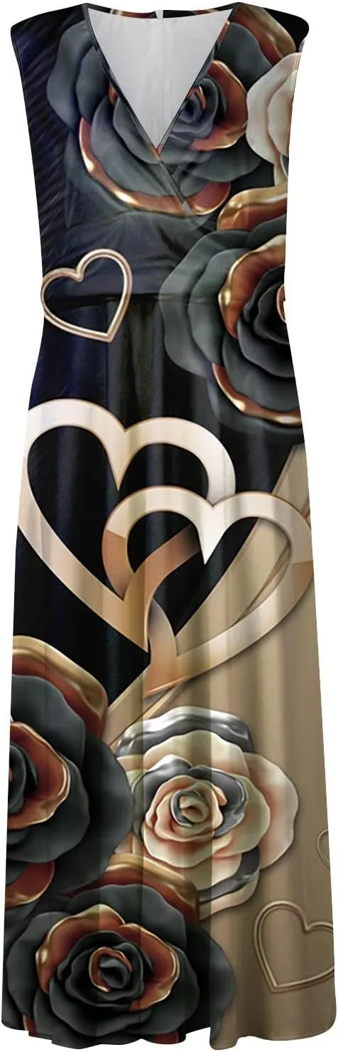 Dresses for Women 2024 Flowy Ruched Wrap V Neck Boho Dress Floral Print Sleeveless Maxi Dress Flowy Beach Dresses