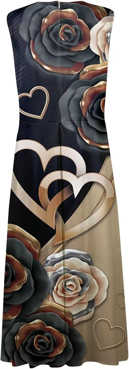 Dresses for Women 2024 Flowy Ruched Wrap V Neck Boho Dress Floral Print Sleeveless Maxi Dress Flowy Beach Dresses