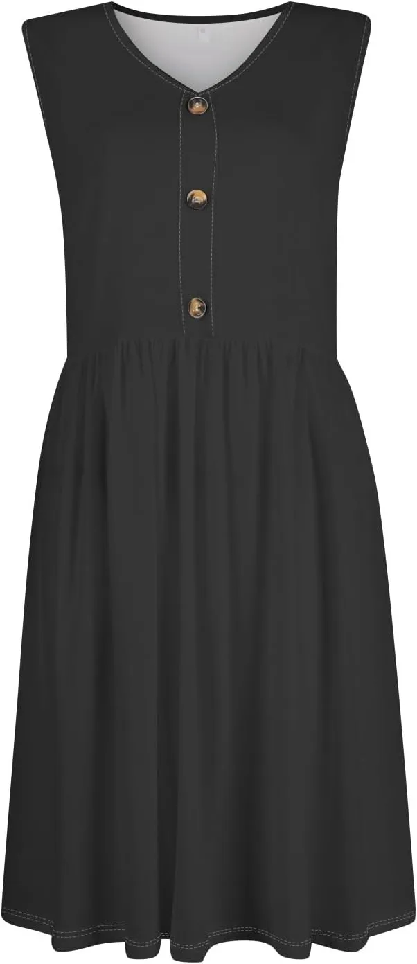 Dresses for Women 2025 Sleeveless V-Neck Button Mini Dress Solid Color Cocktail Party Dresses with Pocket
