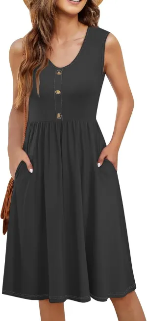 Dresses for Women 2025 Sleeveless V-Neck Button Mini Dress Solid Color Cocktail Party Dresses with Pocket