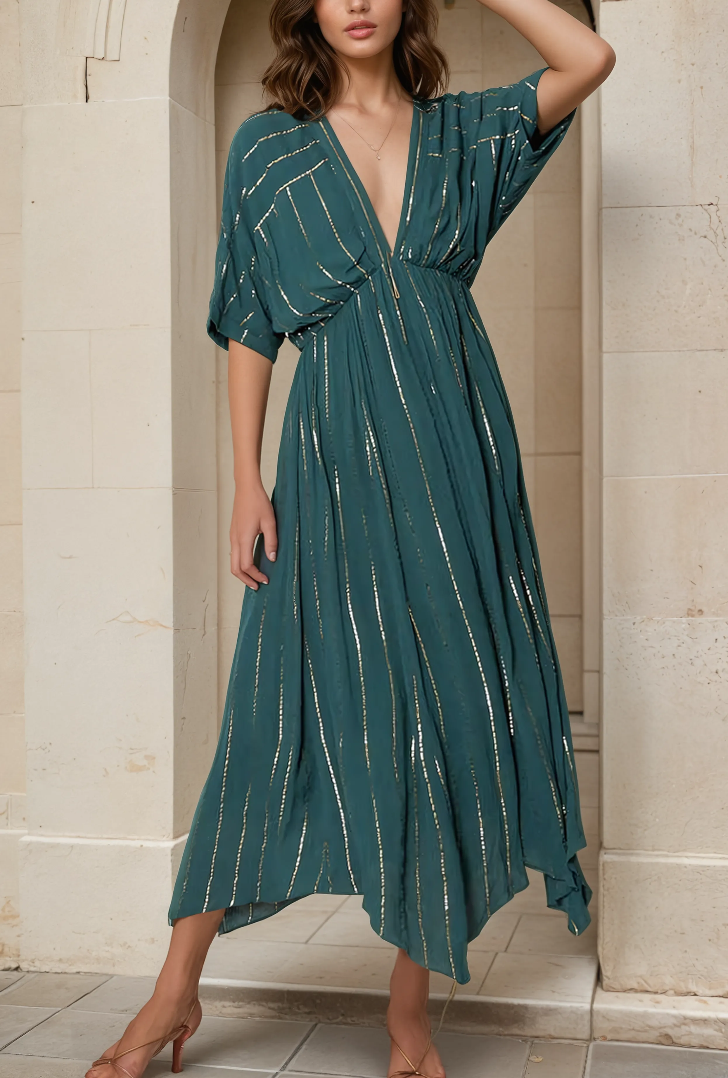 Emerald Striped Sequin Midi Dress