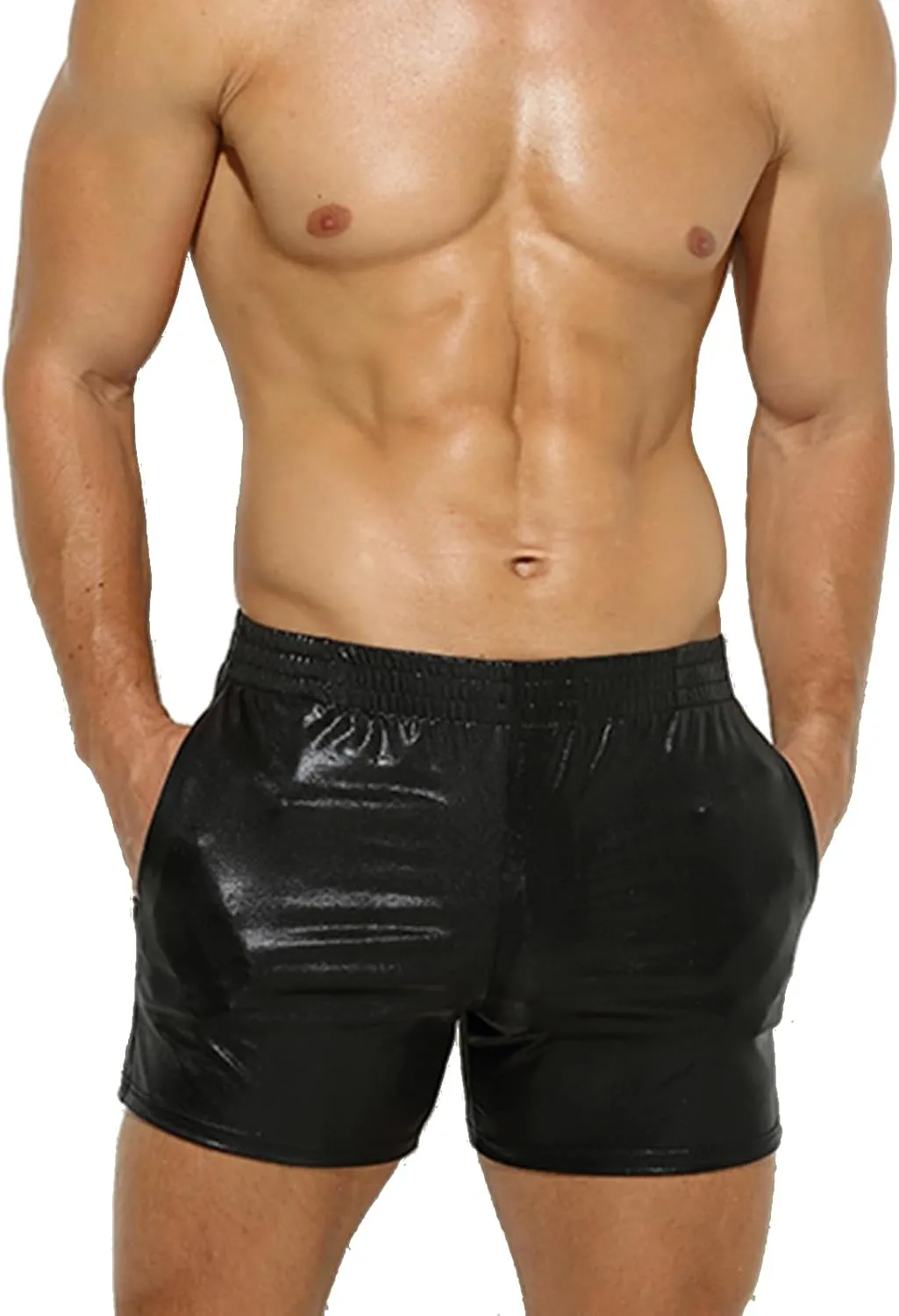 Evankin Men Sexy Shorts Pants Metallic Shiny Leather Underwear Sparkly Trunks Boxer Briefs with Pockets