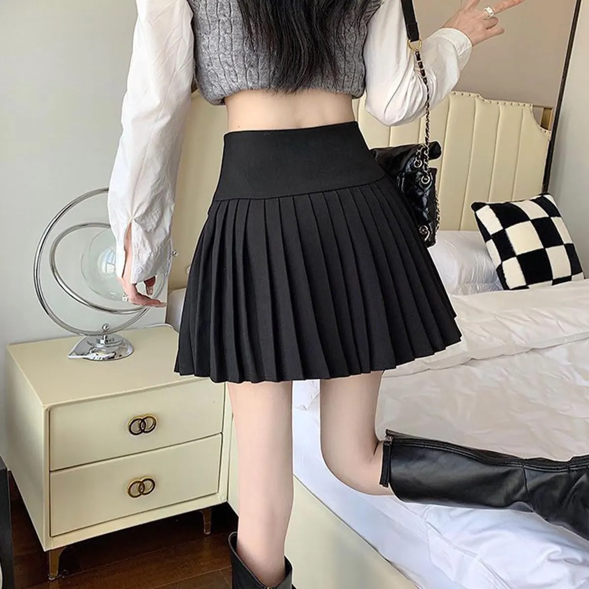Fashion Women's Mini Skirt Casual Y2K Button Decoration A Line High Waist Pleated Skirt with Lining