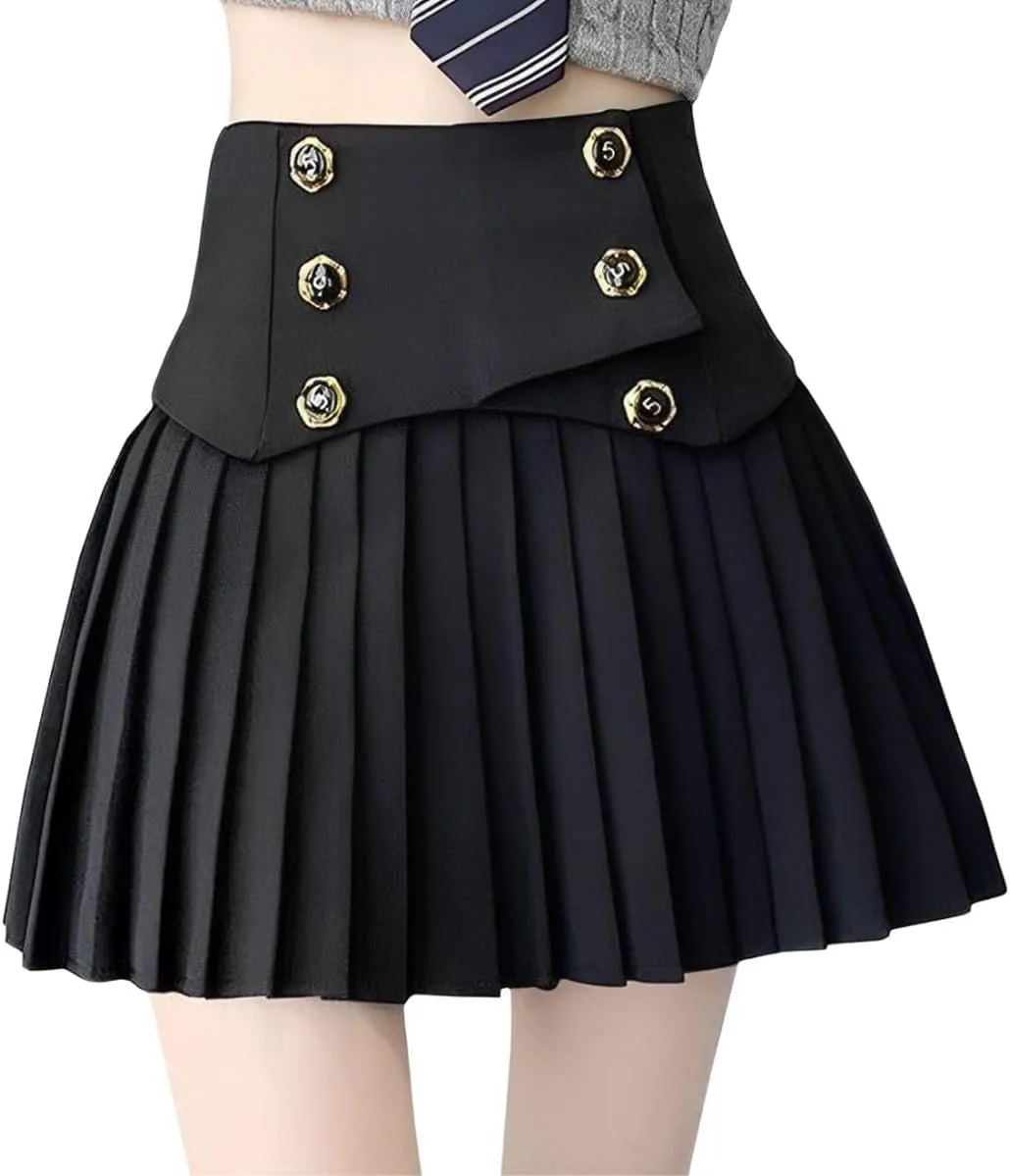 Fashion Women's Mini Skirt Casual Y2K Button Decoration A Line High Waist Pleated Skirt with Lining