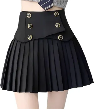 Fashion Women's Mini Skirt Casual Y2K Button Decoration A Line High Waist Pleated Skirt with Lining
