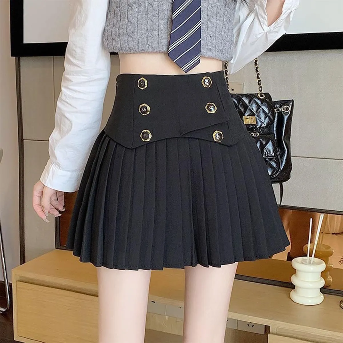 Fashion Women's Mini Skirt Casual Y2K Button Decoration A Line High Waist Pleated Skirt with Lining