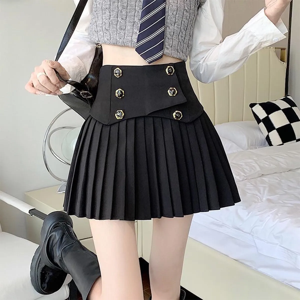 Fashion Women's Mini Skirt Casual Y2K Button Decoration A Line High Waist Pleated Skirt with Lining