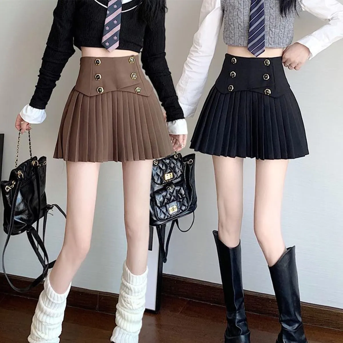 Fashion Women's Mini Skirt Casual Y2K Button Decoration A Line High Waist Pleated Skirt with Lining