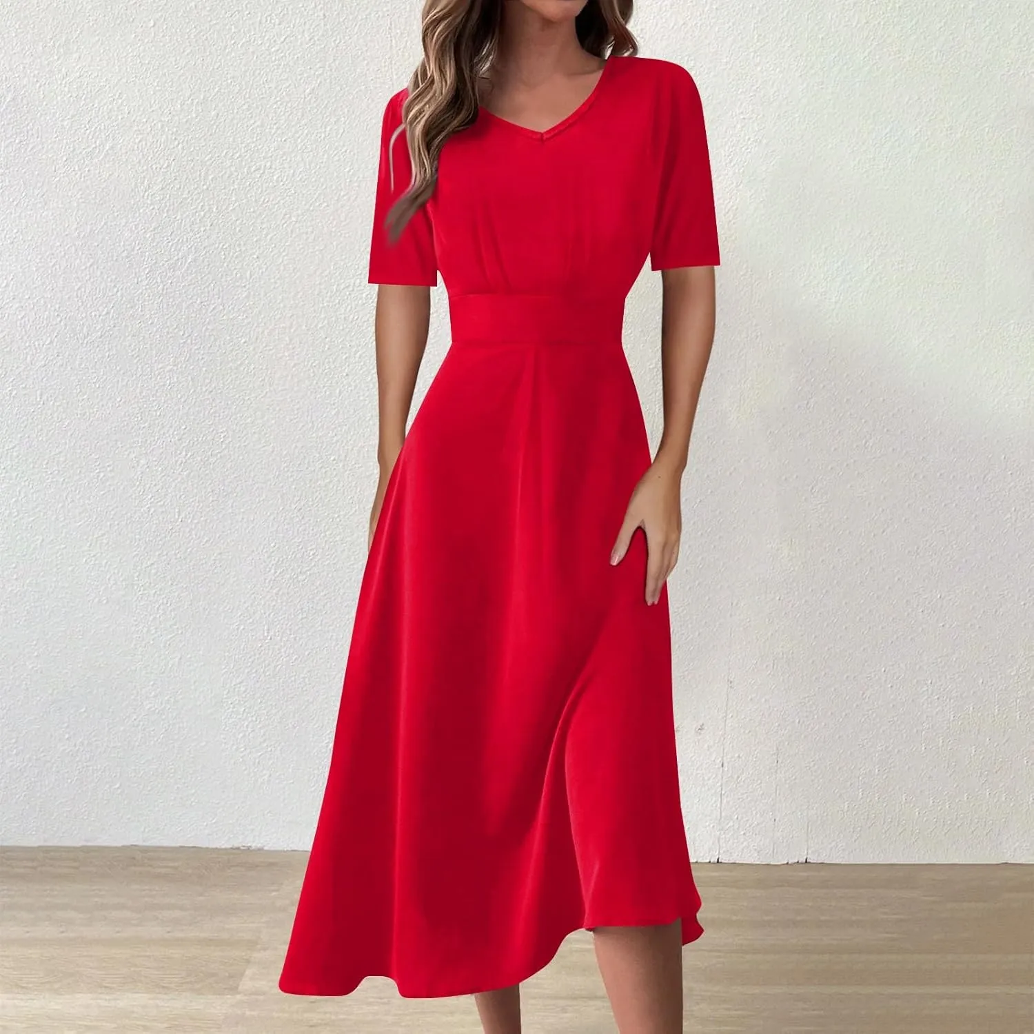 FlekmanArt Maxi Dress for Women Short Sleeve Waist V Neck Maxi Dresses Print Beach Dress A-Line Dressy Swing Dress
