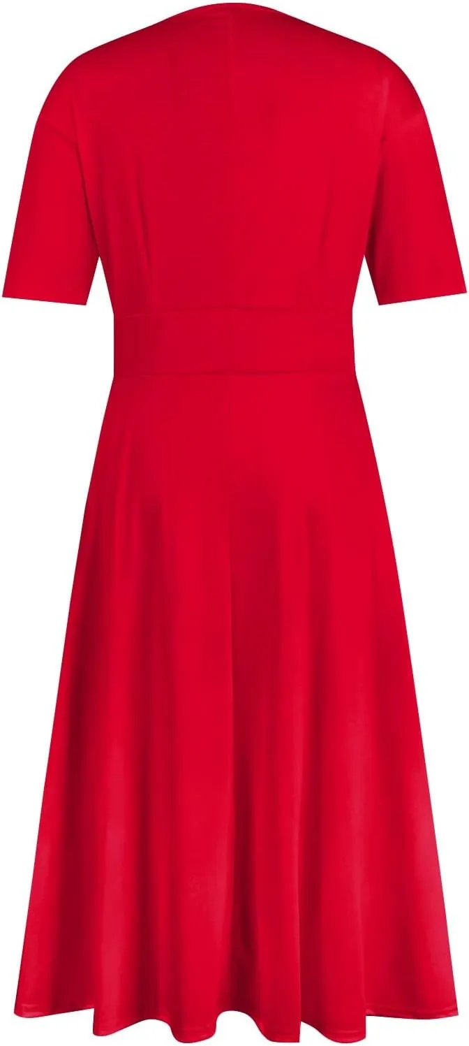 FlekmanArt Maxi Dress for Women Short Sleeve Waist V Neck Maxi Dresses Print Beach Dress A-Line Dressy Swing Dress