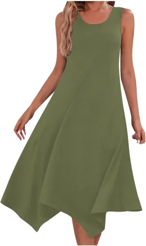 Flowy Dresses for Women Swing Casual Sleeveless Midi Sundress Crewneck Elegant Tank Dress Vacation Outfits 2025