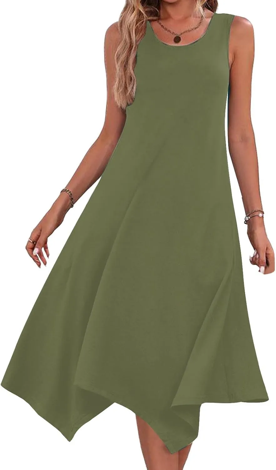 Flowy Dresses for Women Swing Casual Sleeveless Midi Sundress Crewneck Elegant Tank Dress Vacation Outfits 2025