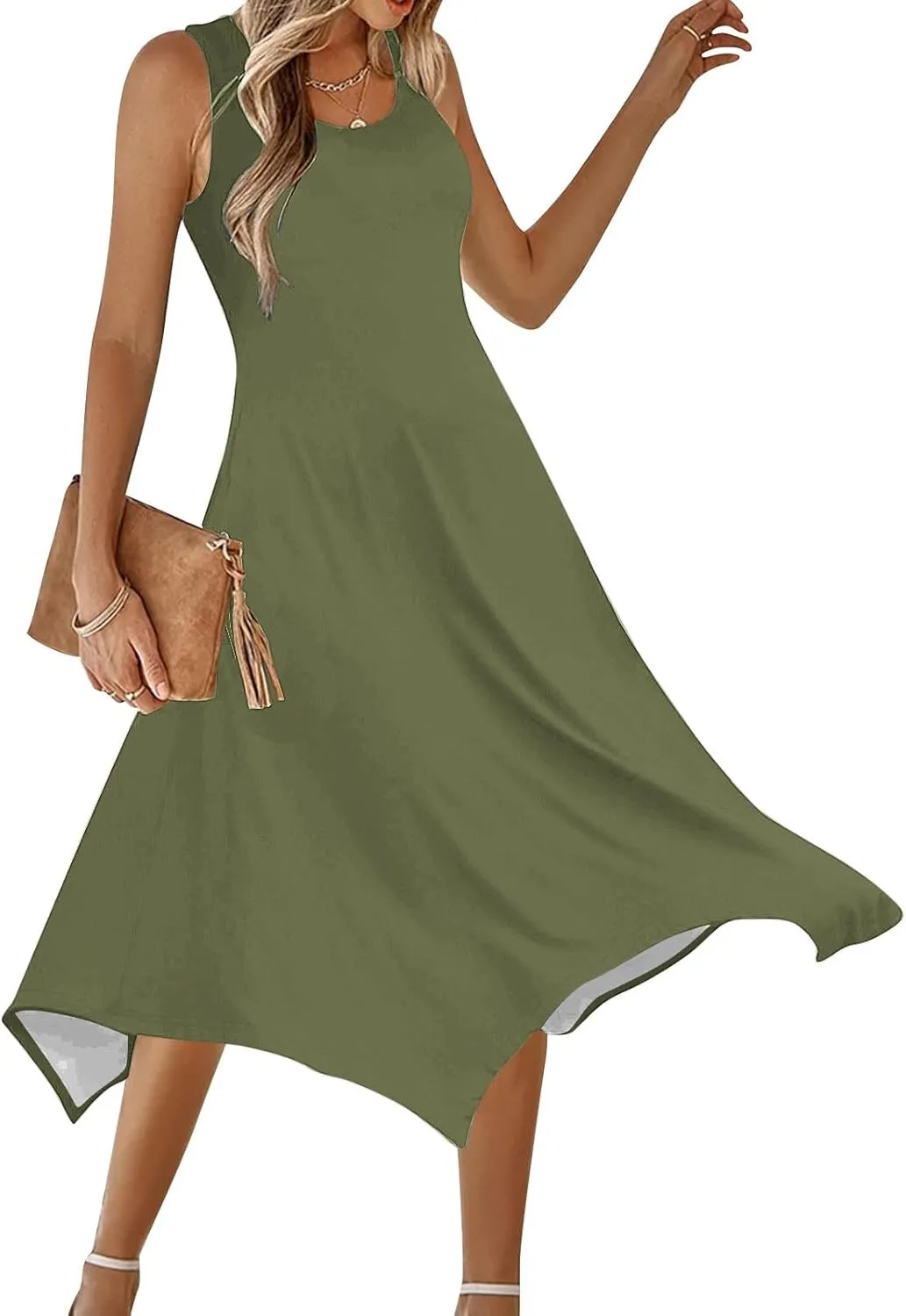 Flowy Dresses for Women Swing Casual Sleeveless Midi Sundress Crewneck Elegant Tank Dress Vacation Outfits 2025