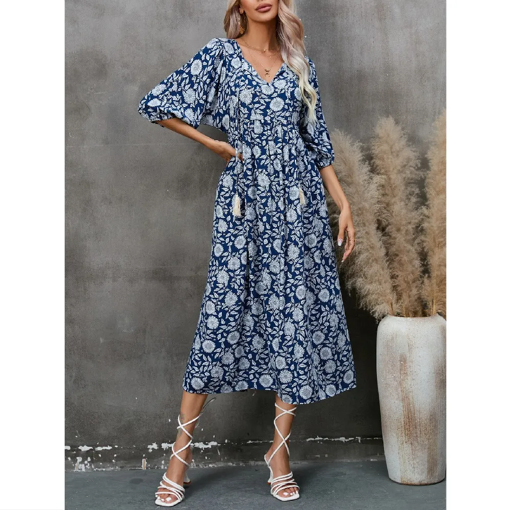Flowy Printed Half-Sleeve Loose Bohemian Dress Wholesale Dresses