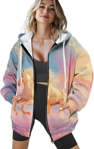 Forchrinse Christmas Bell Oversized Zip Up Hoodie for Women Y2K Fleece Long Sleeve Jacket Coat Xmas Sweatshrits for Teens