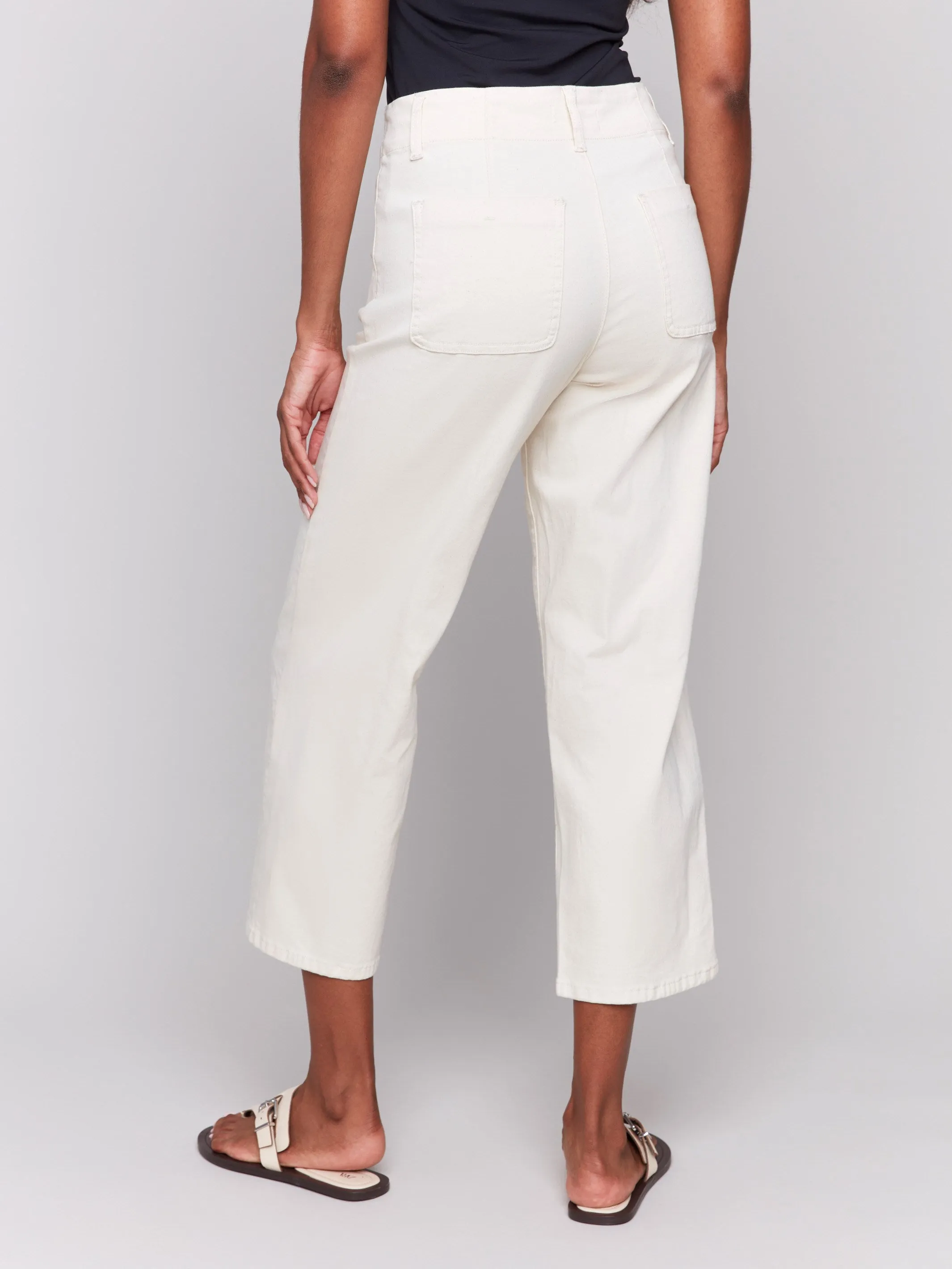 Front Button-Fly Crop Twill Pants - Natural