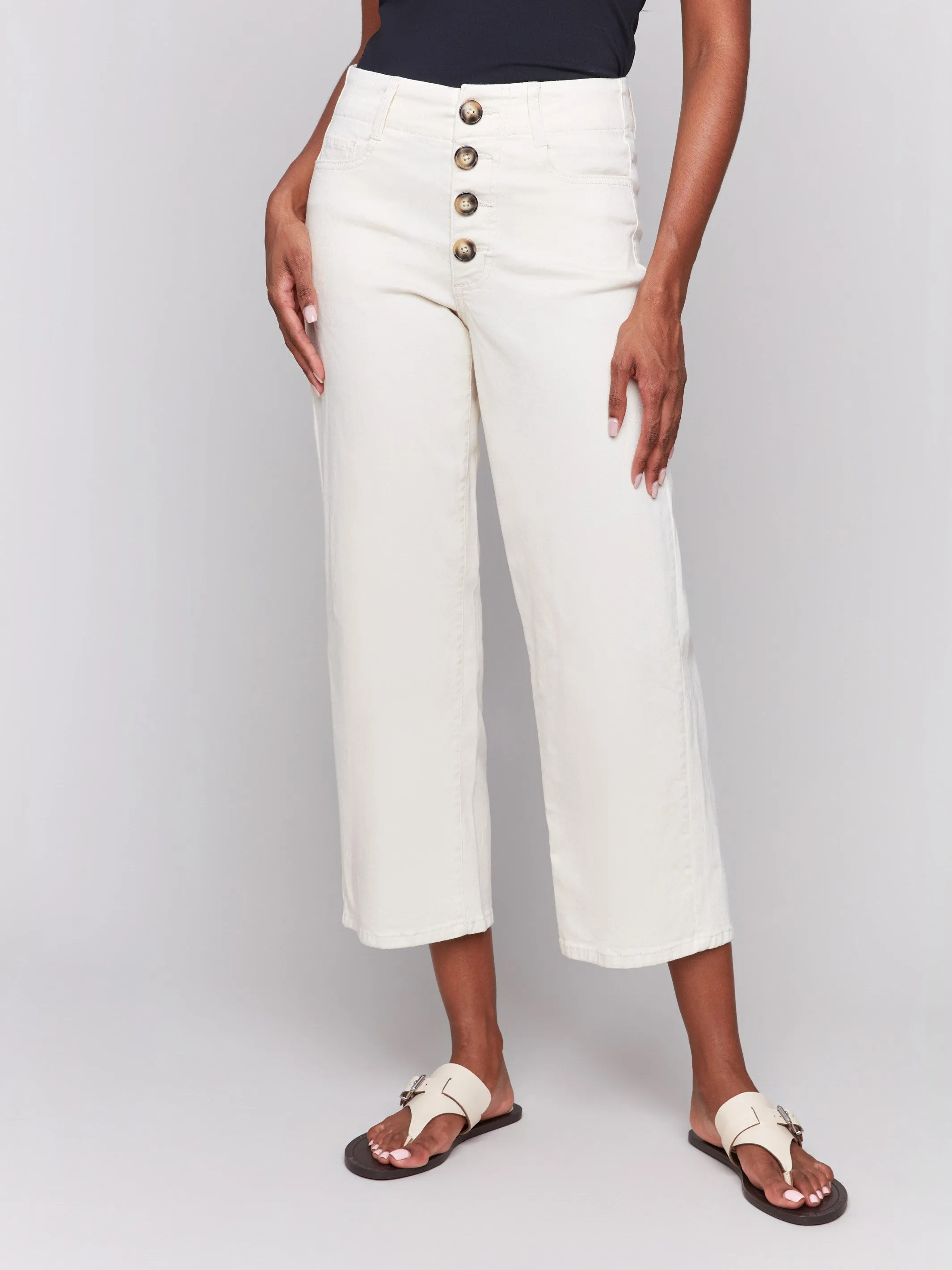 Front Button-Fly Crop Twill Pants - Natural