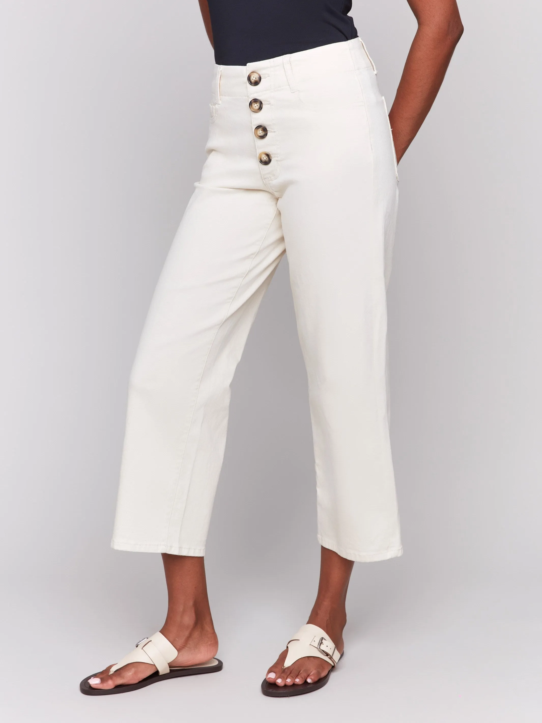 Front Button-Fly Crop Twill Pants - Natural