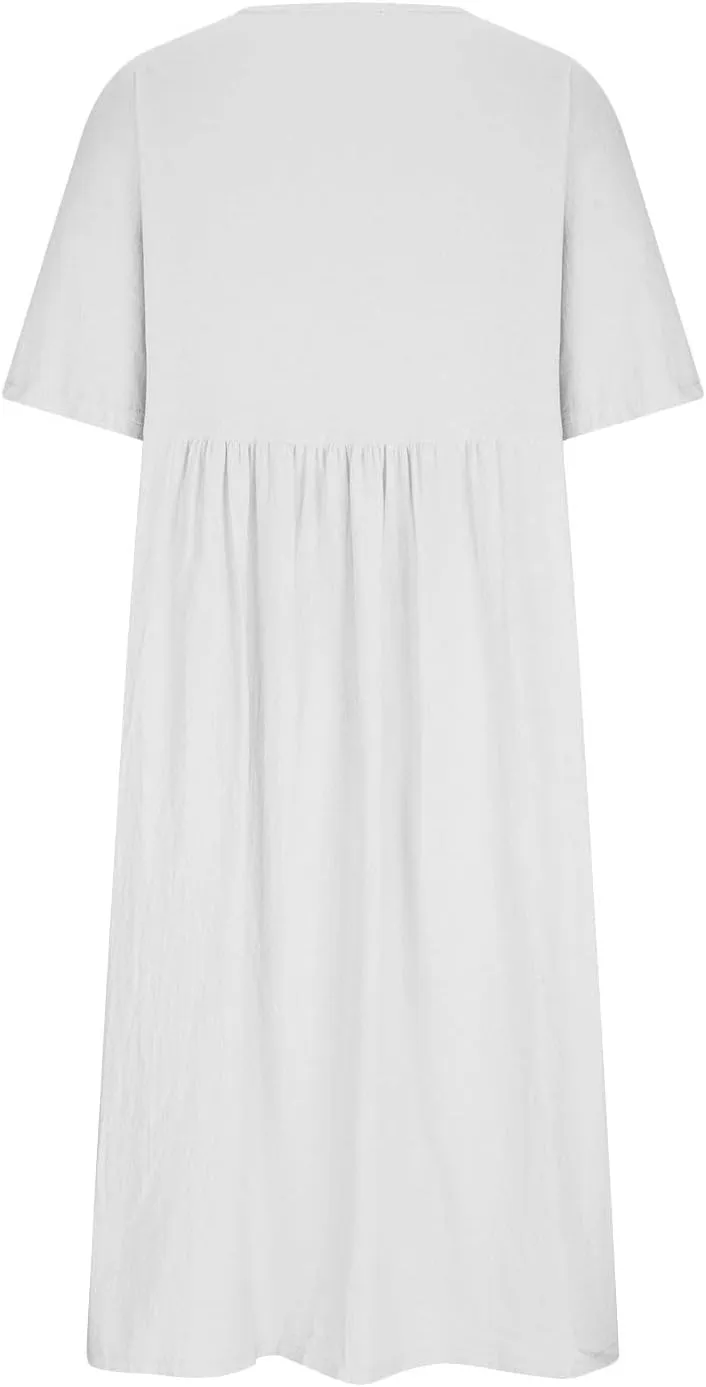 Half Sleeve Cotton Linen A-Line Dress Women Crewneck Casual Loose Midi Dress Summer High Waist Modest Flowy Dresses
