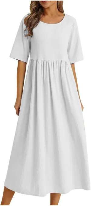 Half Sleeve Cotton Linen A-Line Dress Women Crewneck Casual Loose Midi Dress Summer High Waist Modest Flowy Dresses