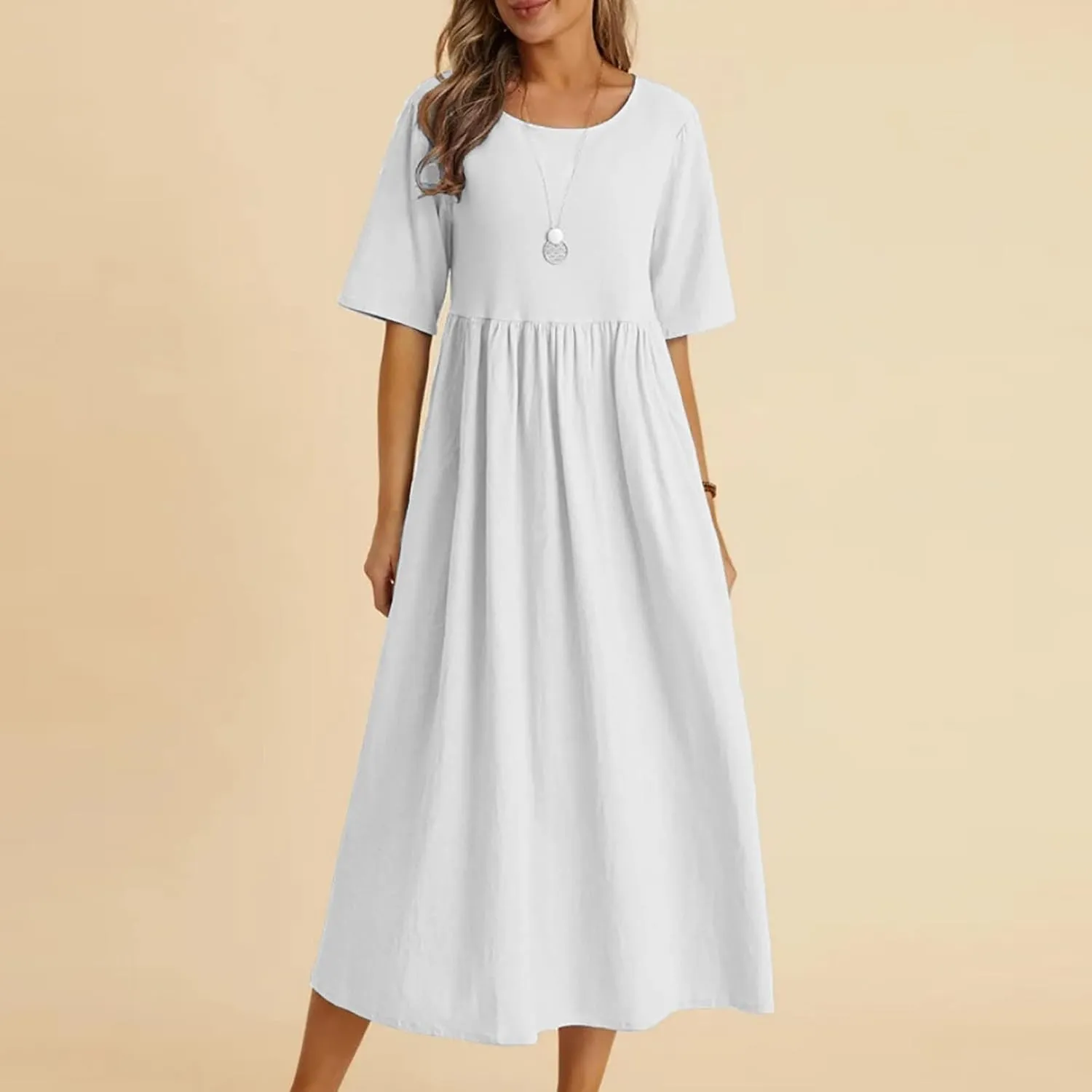Half Sleeve Cotton Linen A-Line Dress Women Crewneck Casual Loose Midi Dress Summer High Waist Modest Flowy Dresses