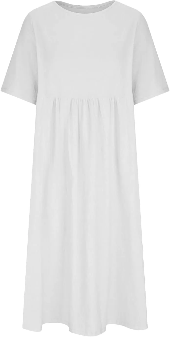 Half Sleeve Cotton Linen A-Line Dress Women Crewneck Casual Loose Midi Dress Summer High Waist Modest Flowy Dresses