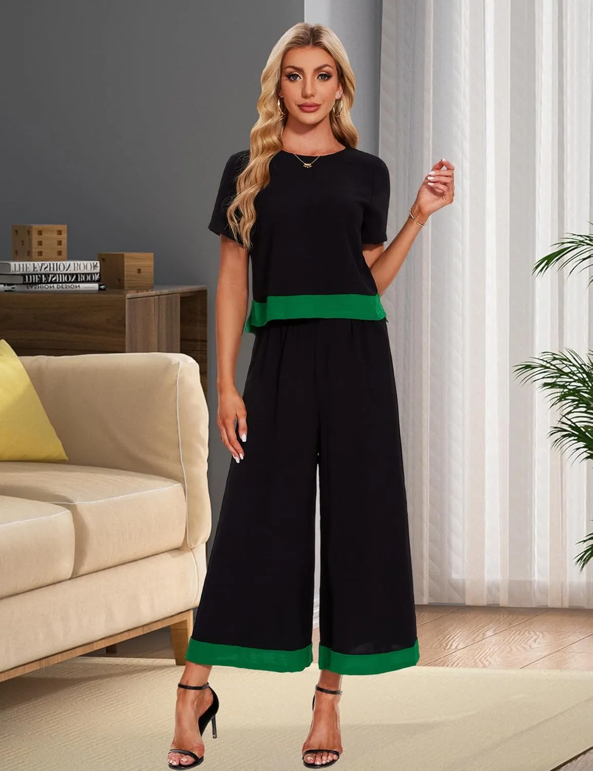 HANERDUN 2 Piece Outfits Short Sleeve Top Wide Leg Pants Casual Lounge Sets Travel Tracksuits