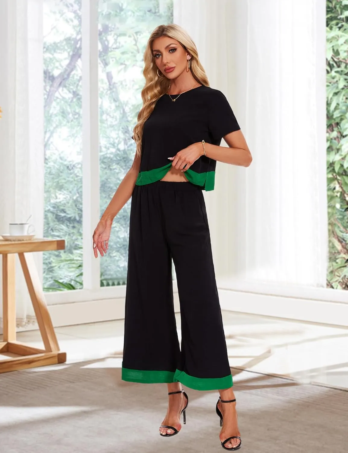 HANERDUN 2 Piece Outfits Short Sleeve Top Wide Leg Pants Casual Lounge Sets Travel Tracksuits