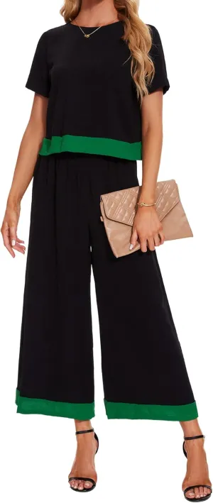 HANERDUN 2 Piece Outfits Short Sleeve Top Wide Leg Pants Casual Lounge Sets Travel Tracksuits