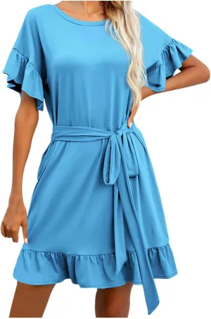 HGps8w Summer Dresses for Women 2025 Casual Crewneck Ruffle Short Sleeve A Line Mini Tshirt Dress with Belt